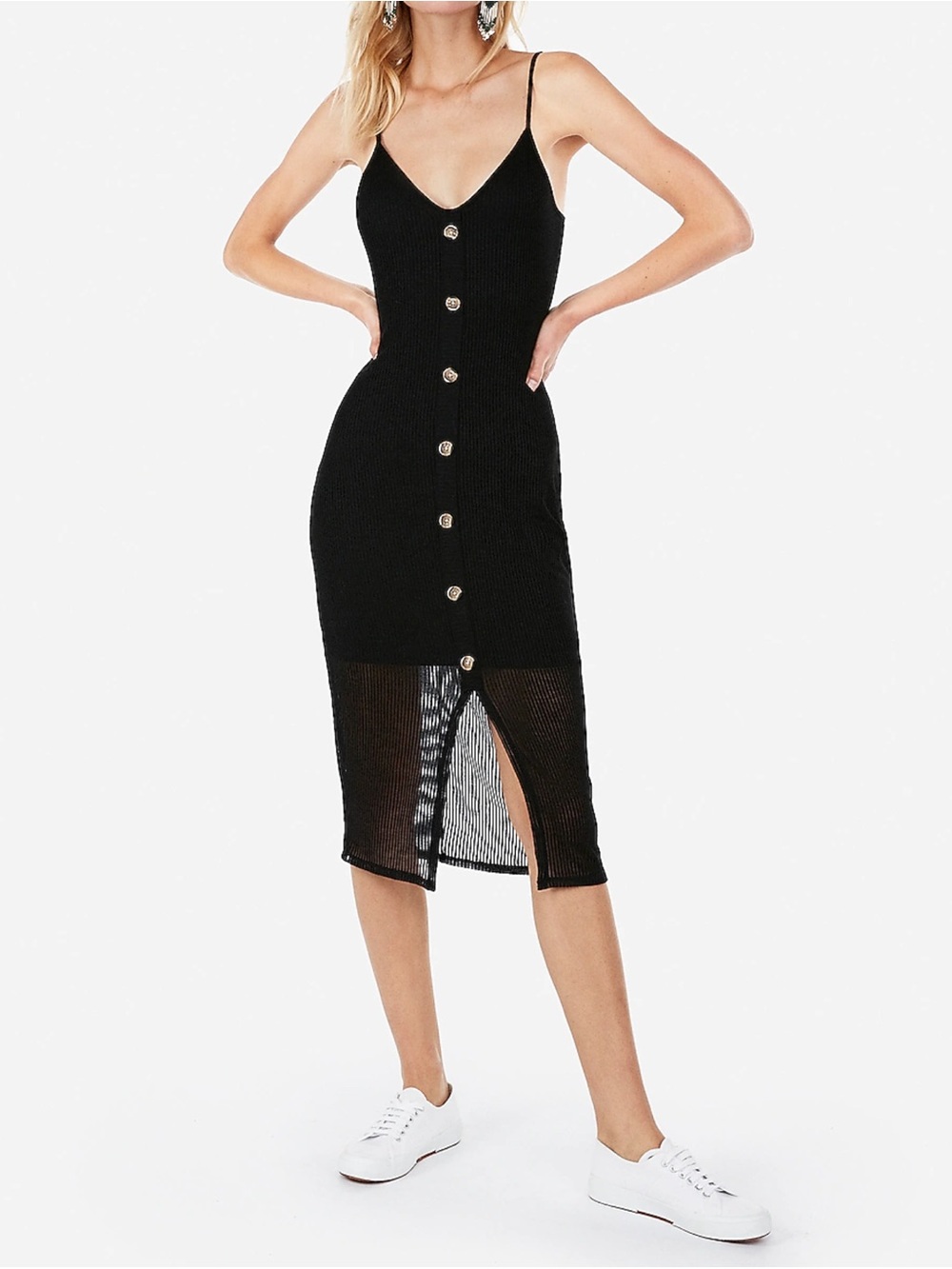 Express Black Button-Front Knit Midi Dress MEDIUM